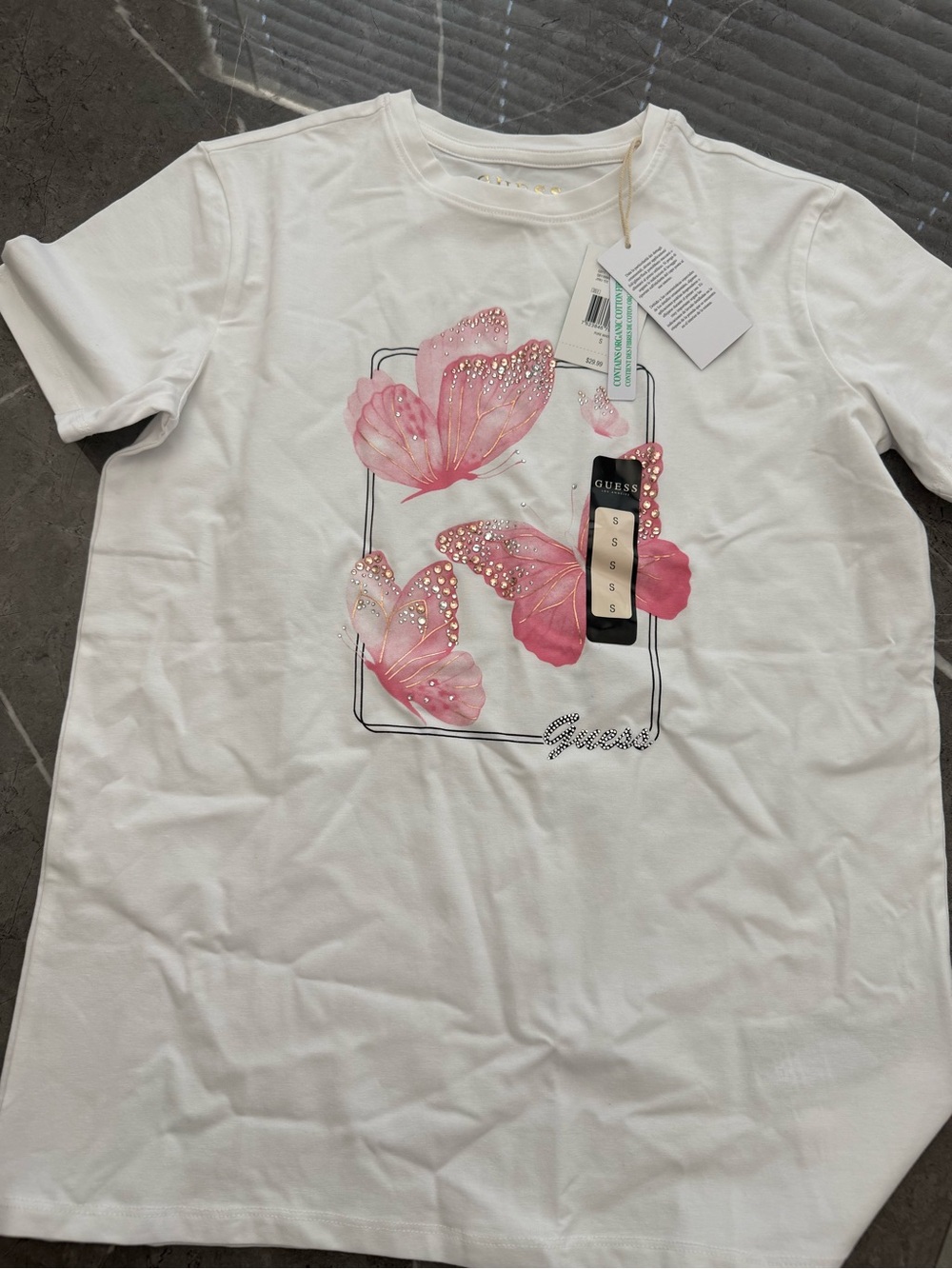 Guess White Tee with Pink Butterfly Embellishments
